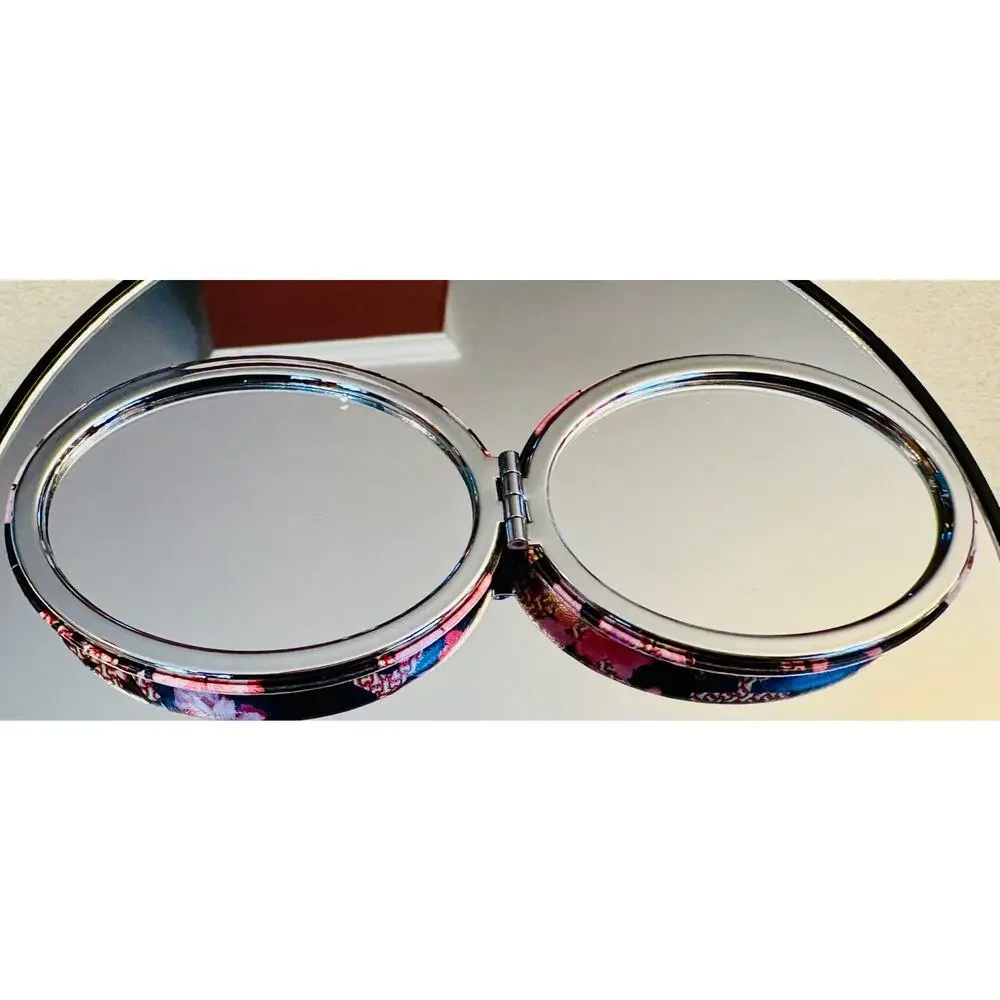 COMPACT MIRROR: Oval-Shaped Black, Pink, & Red w/Floral Design, NWOT